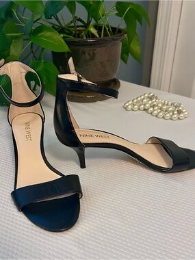 Nine West Black Ankle-Strap Kitten Heel Sandals
